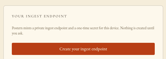 The Console’s Apple Health connect card: Create your ingest endpoint — the path and its one-time device secret are minted here.