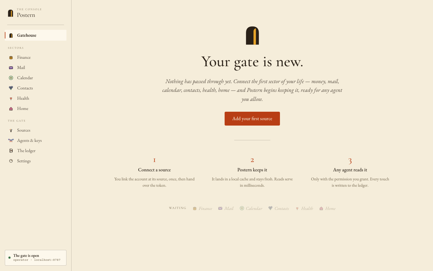 The Postern Console on a fresh install: the Gatehouse reading "Your gate is new."