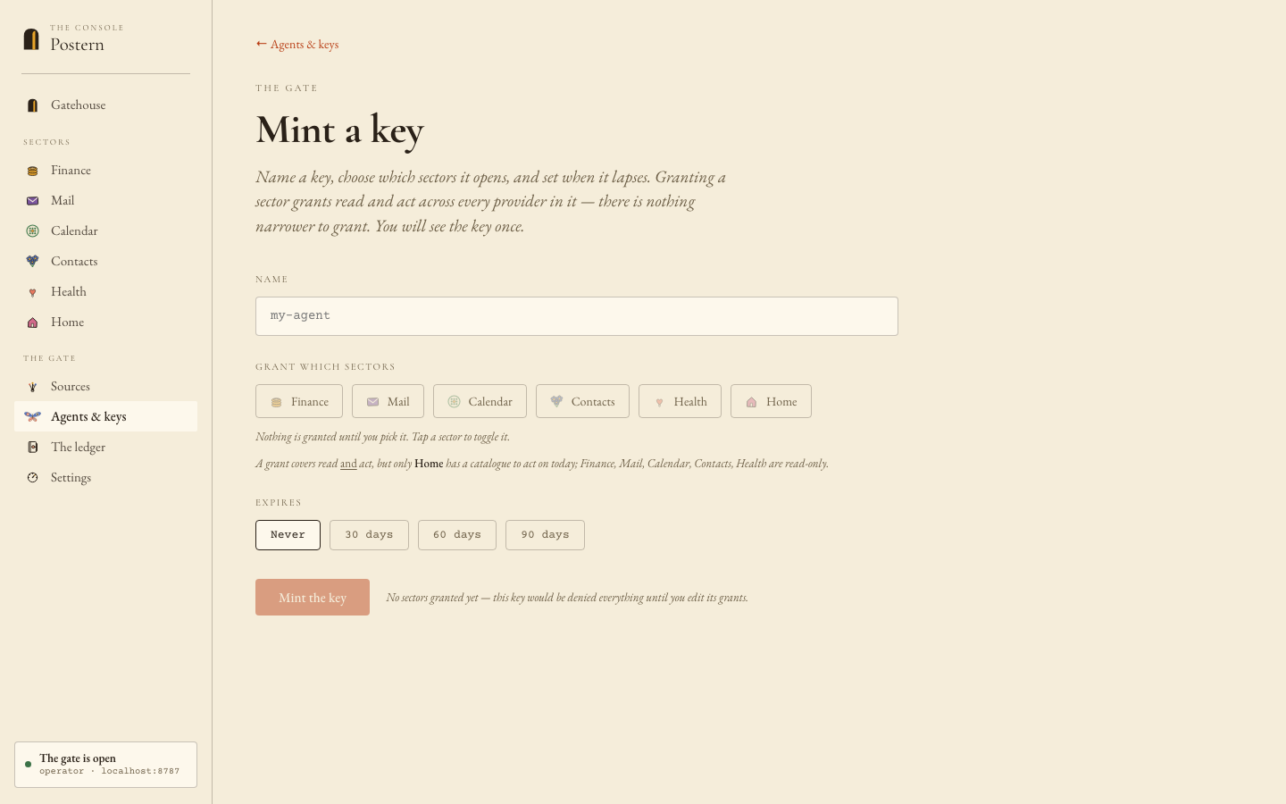 The Console’s mint-a-key panel: an agent name, the sector checkboxes, and an expiry.