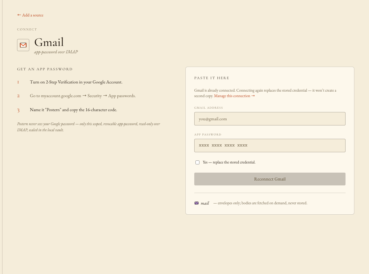 Google’s App passwords page, with a password named Postern being created.