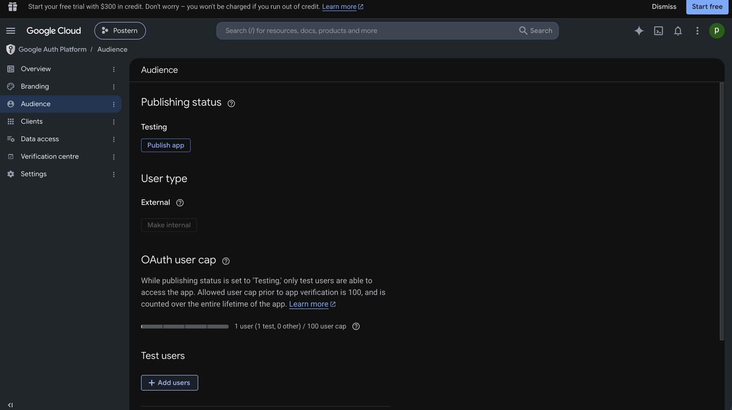 The Google Auth Platform Audience page: Testing status, External, Test users.