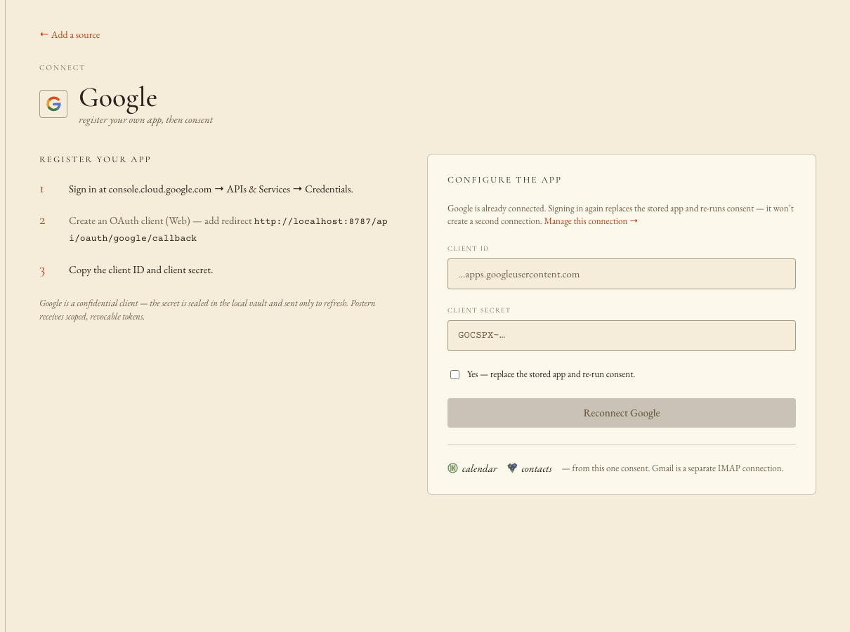 The Console’s Google card with the client ID and secret pasted in.