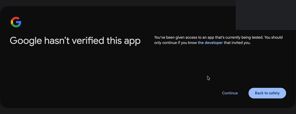 Google’s unverified-app interstitial — Continue is the small link, not the blue button.