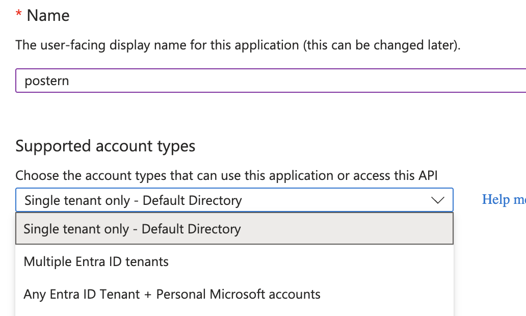 The Entra supported-account-types dropdown with the multitenant + personal option chosen.