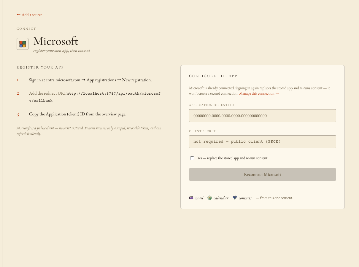 The Console’s Microsoft card with the Application (client) ID pasted in.