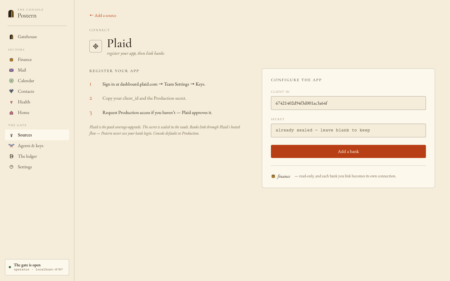 The Console’s Plaid card with the client_id and Production secret pasted in.