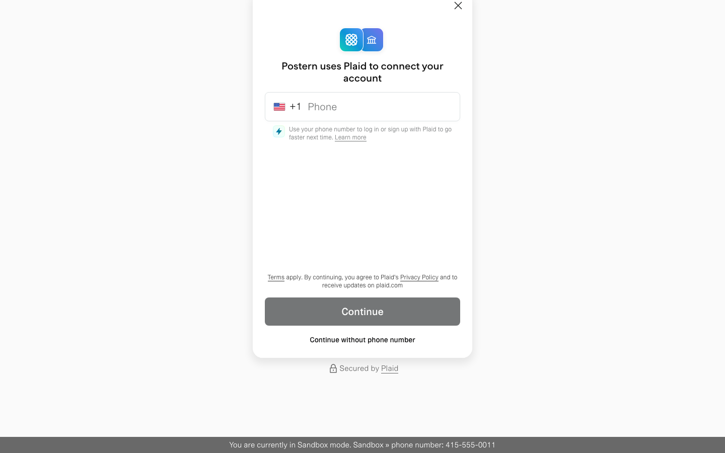 Plaid Hosted Link: the phone pane, with Continue without phone number.